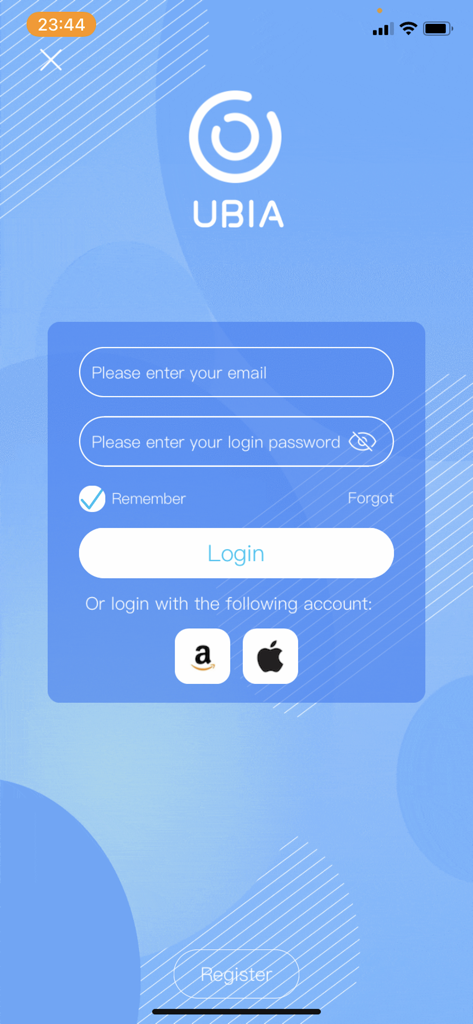 Écran de connexion de l'application de sécurité Ubox avec les champs email et mot de passe plus les options de connexion Amazon et Apple.