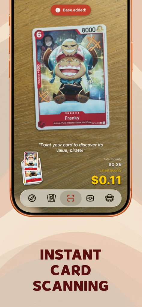 Bounty: OP TCG Scanner - The Bounty app using its instant card scanning feature to identify a Franky One Piece TCG card and display its current market price.