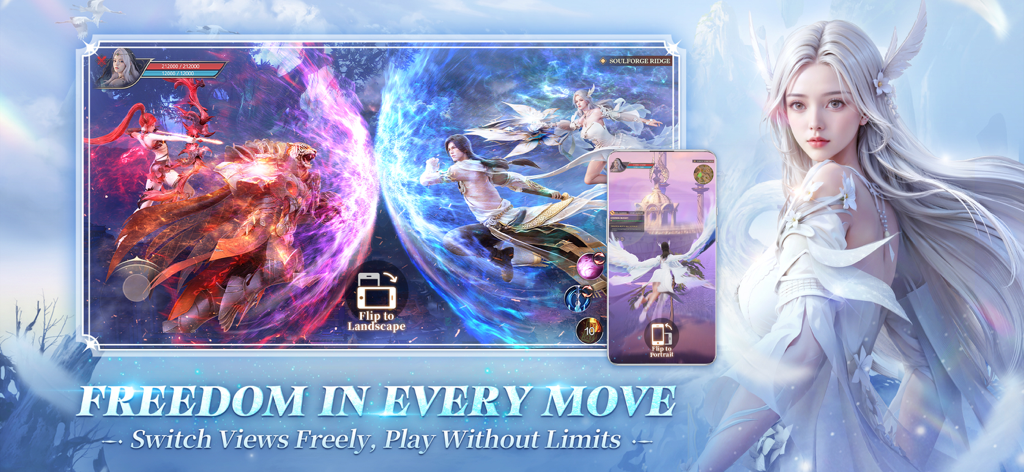 Perfect World: Ascend - Captura de pantalla promocional de Perfect World Ascend que demuestra la capacidad de cambiar entre vistas de retrato y paisaje durante el combate de fantasía.