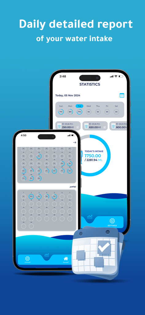 Tägliche und monatliche Statistiken zur Wasseraufnahme, angezeigt auf zwei iPhones mit der Water Reminder App.