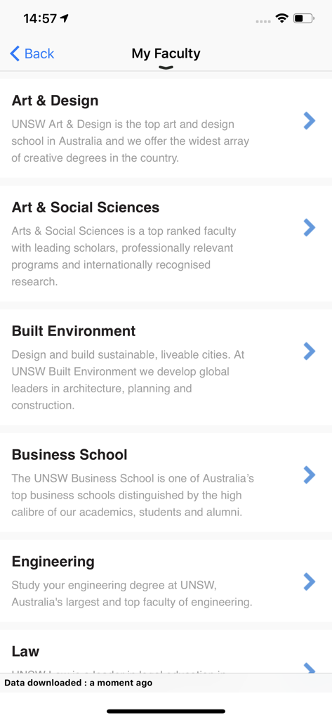 UNSW Uni-Verse: Official - A menu of university faculties in the UNSW Uni-Verse mobile application