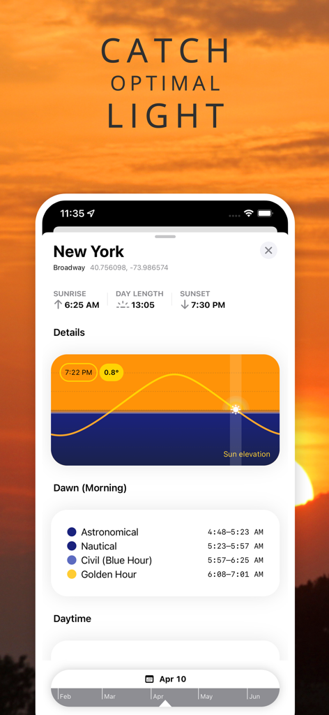SunOnTrack app interface showing sun elevation graph and golden hour timing for professional photographers in New York