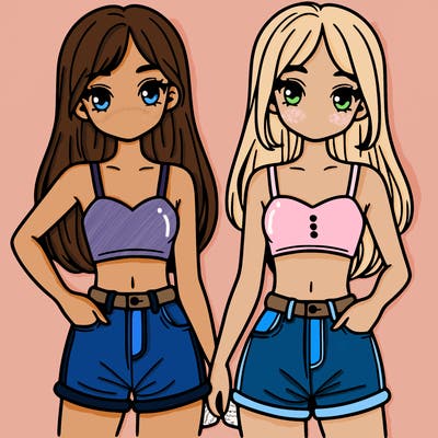 two sisters with crop tops and jean shorts and straight hair