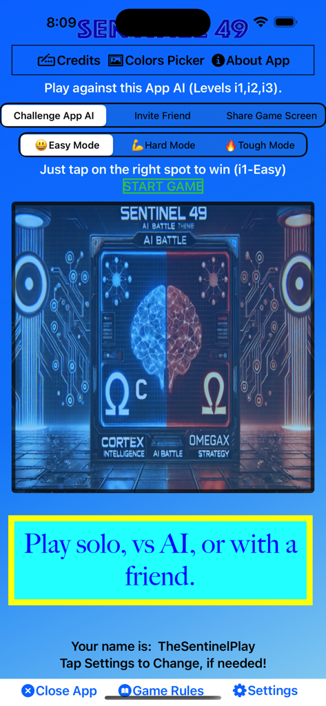 Sentinel49 app menu screen showing game modes and AI difficulty levels including Easy Hard and Tough