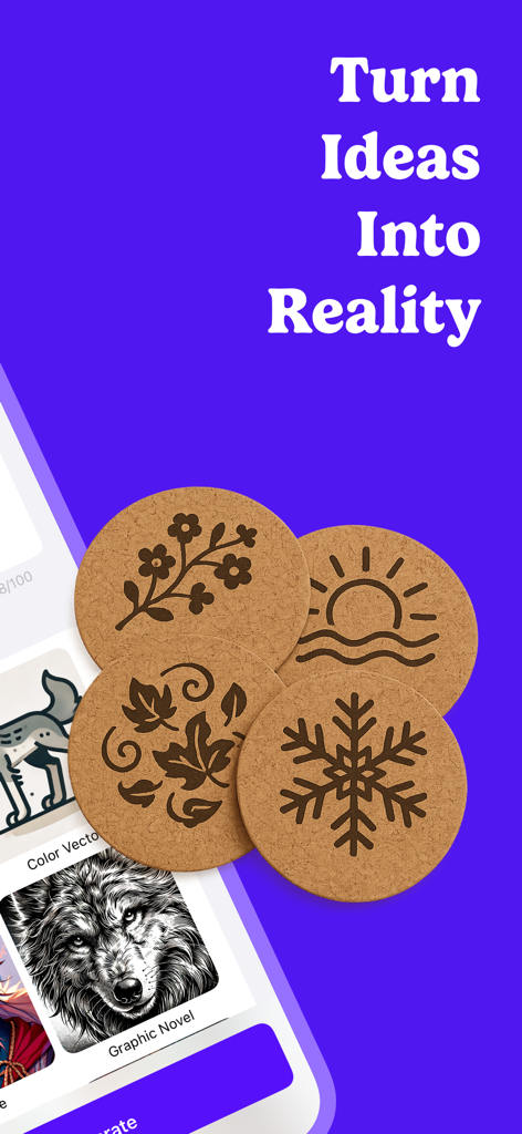 Crafti: Design for Makers - Four custom engraved cork coasters with nature designs next to the Crafti app interface showing AI image generation