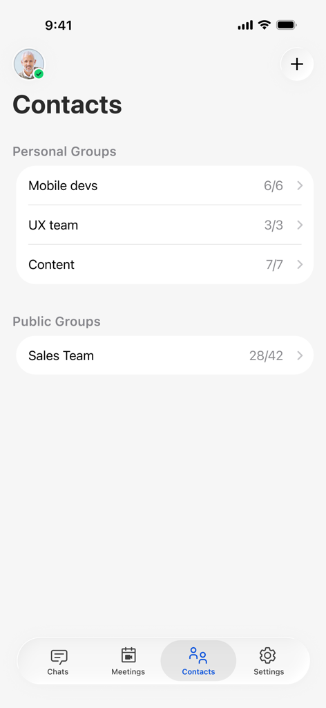 Tela de contatos do aplicativo HCL Sametime mostrando grupos pessoais e de equipe públicos