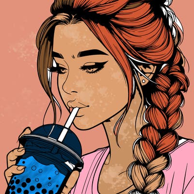 realistic girl drinking boba tea with braided hair