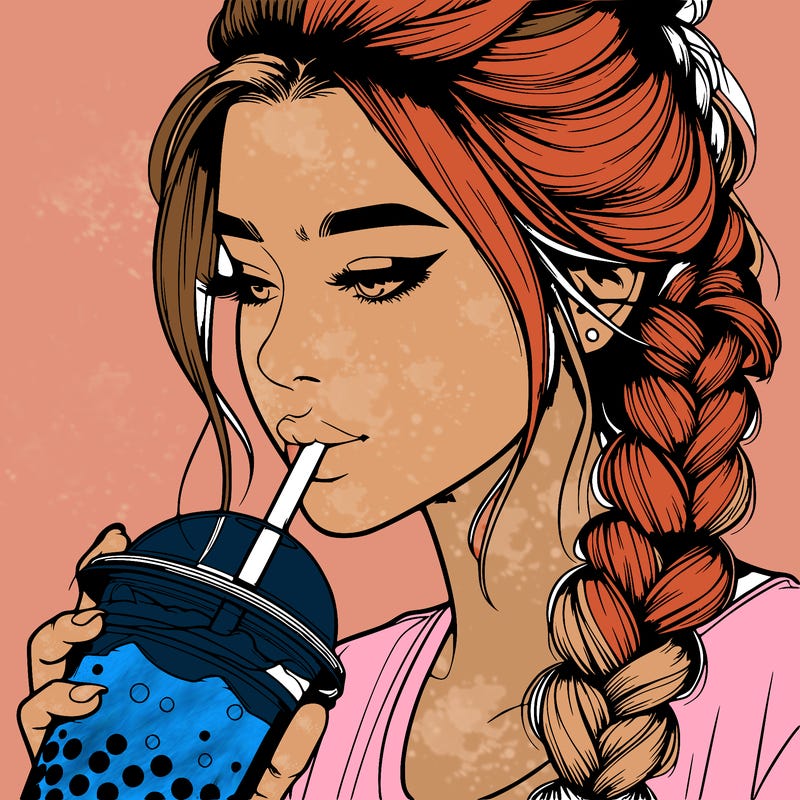 realistic girl drinking boba tea with braided hair