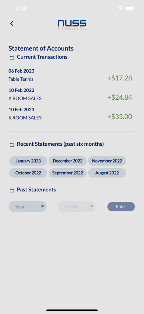 NUSS Members app screenshot showing the statement of accounts page with transaction history and past statements