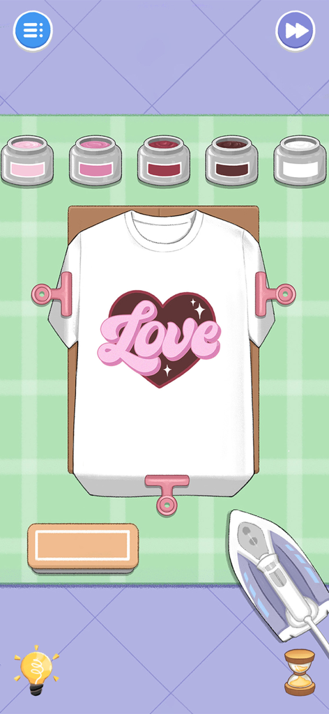 Gameplay of Housify Cleaning ASMR showing a t-shirt with a pink Love heart design being customized.