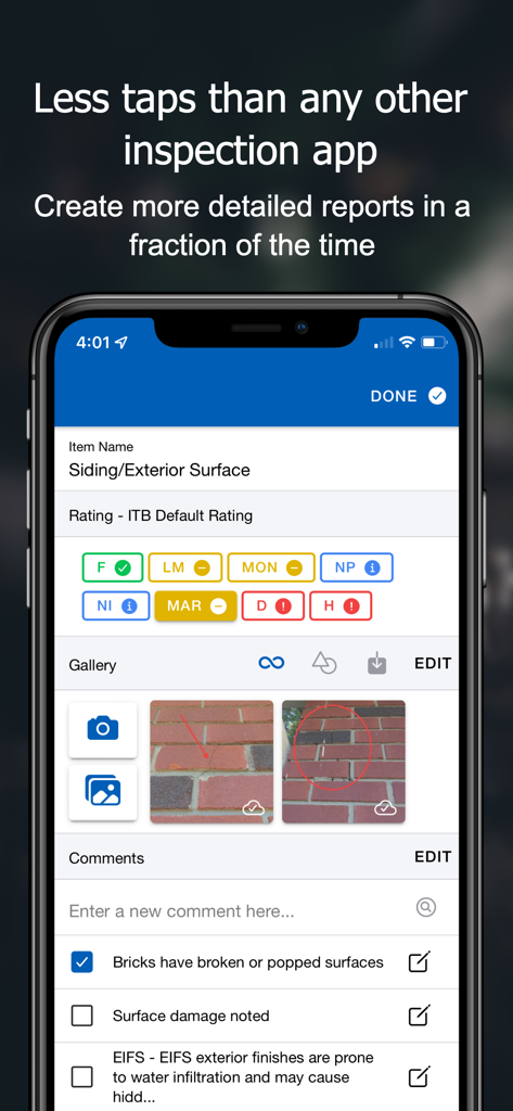Home inspection app interface showing siding report with brick photos and checkbox comments