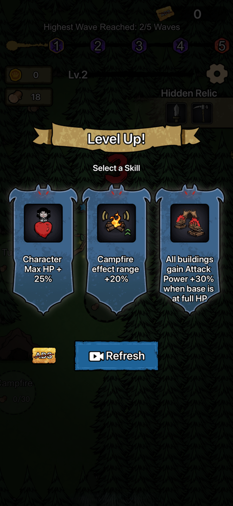 Wood Siege - Wood Siegeのレベルアップ画面。キャラクターのHP、キャンプファイヤーの範囲、建物の攻撃力に関する3つのスキルアップグレードオプションが表示されている。