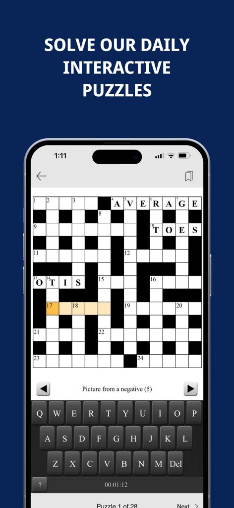 A smartphone displaying an interactive daily crossword puzzle within the Weston Mercury mobile app