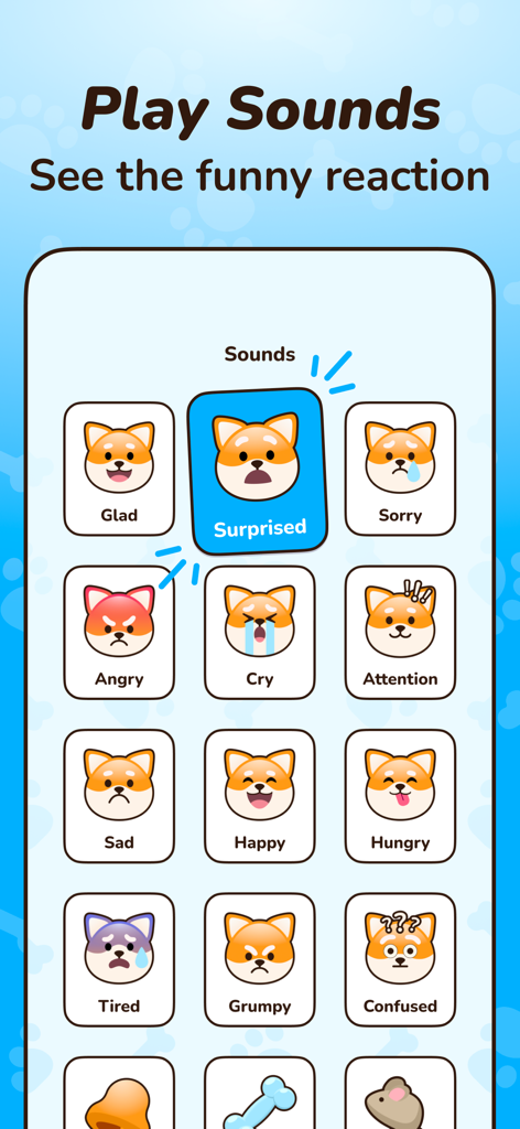 Dog Translator: Pet/Human Talk - A collection of cartoon dog icons representing different emotions like happy, sad, and surprised for a dog translator app sound library.