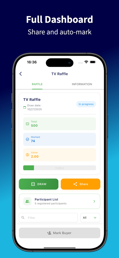 Easy Raffle: Names and Numbers - Full dashboard of the Easy Raffle app showing participant progress and drawing tools.