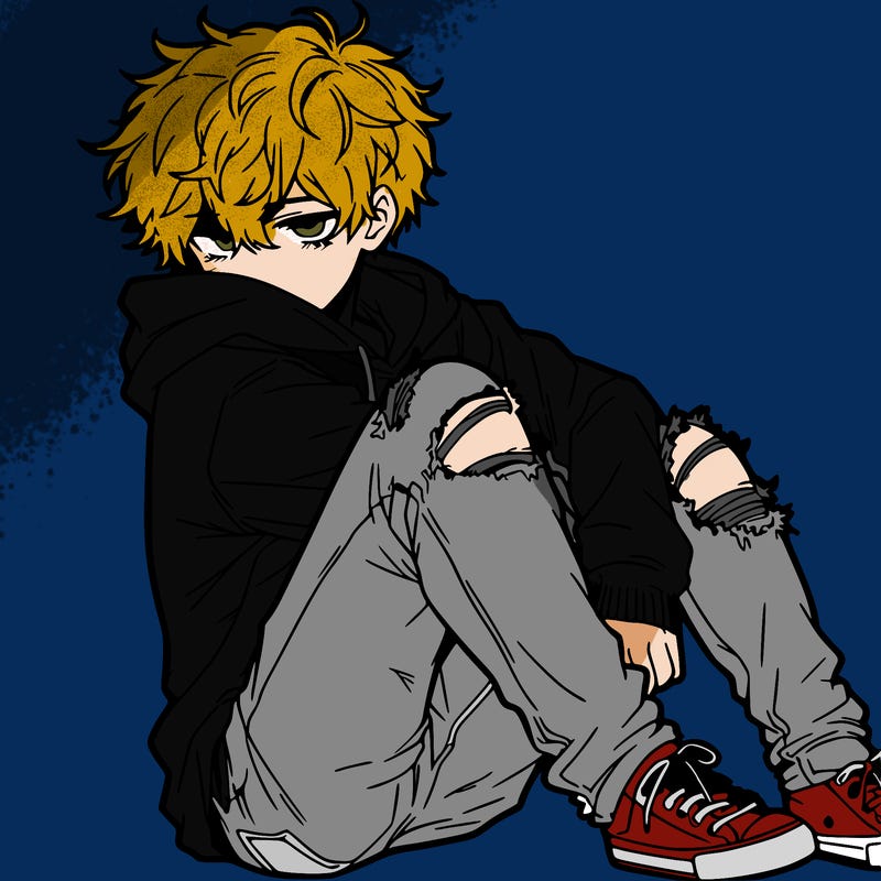 a male hoddie ripped jeans messy hair anime
