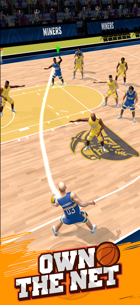 Basketball Master: Dunk Hero - A basketball player aims a pass with a glowing trajectory line in the Basketball Master Dunk Hero mobile game.
