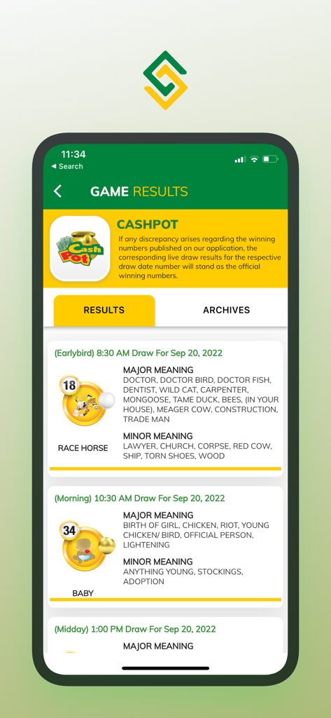 Tela do aplicativo Supreme Ventures exibindo resultados do sorteio CashPot e significados simbólicos de sonhos para números vencedores.
