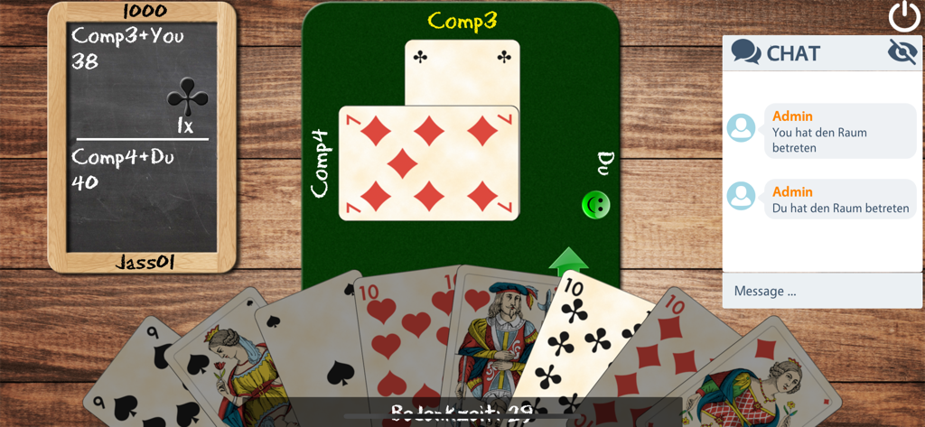 Pantalla de juego de SwissJass mostrando cartas jugándose en una mesa de madera virtual con un marcador de pizarra y una ventana de chat