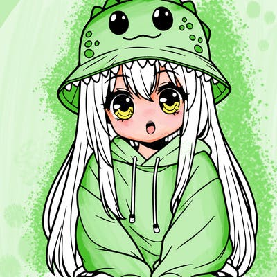 girl with anime shaped eyes with a dinosaur bucket hat oversized sweatshirt long straight hair