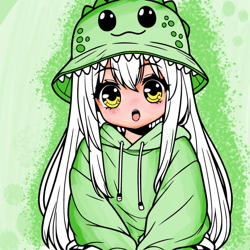 girl with anime shaped eyes with a dinosaur bucket hat oversized sweatshirt long straight hair