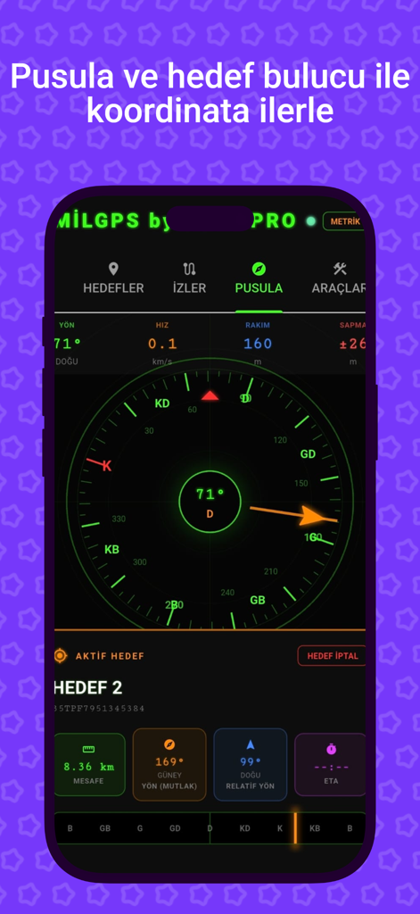 MilGPS PRO - MilGPS PRO app screenshot showing a tactical digital compass with heading altitude and target distance data for military navigation