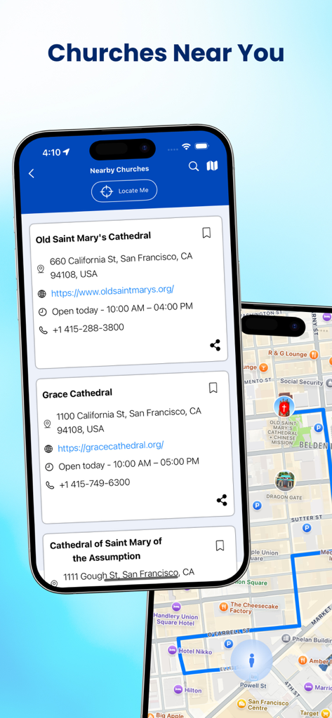 Mobile app interface showing a list of nearby churches in San Francisco with contact information and a map view
