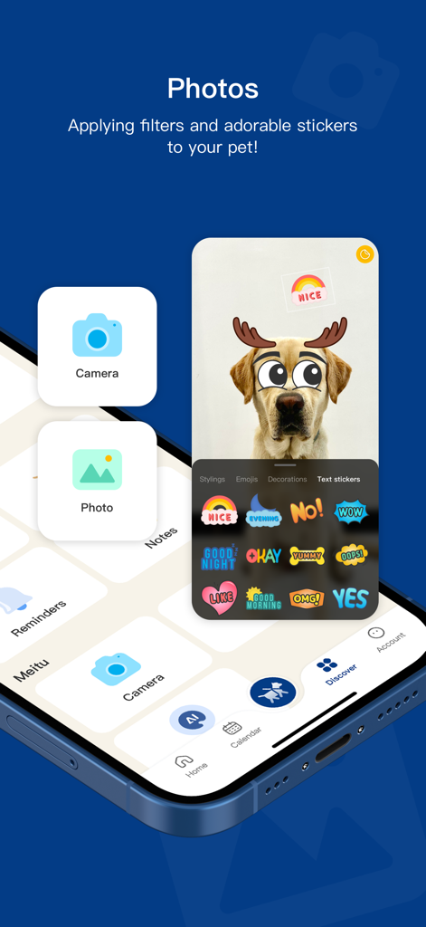 A dog photo with cartoon antlers and various cute text stickers being edited in the PawView app.