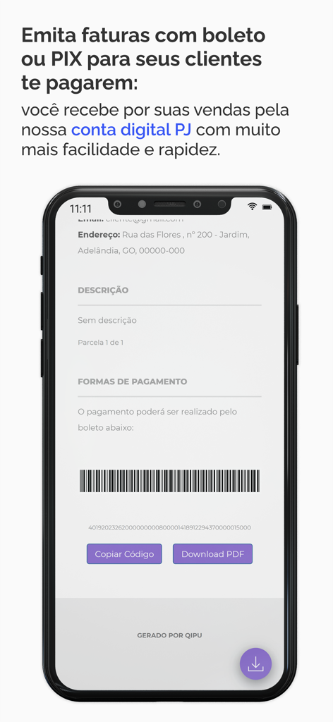 Qipu Contabilidade Abra CNPJ - Pantalla de la aplicación Qipu que muestra una factura con un código de barras para el pago