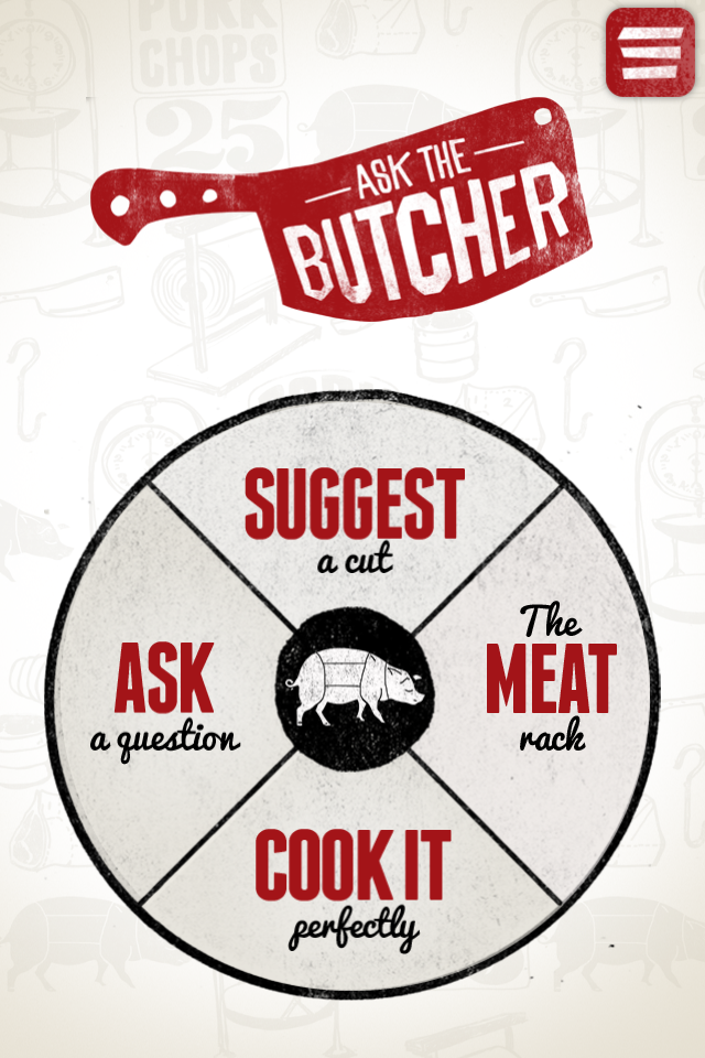 Ask The Butcher - The Ask The Butcher app main menu with options for cut suggestions, cooking tips, and butcher advice