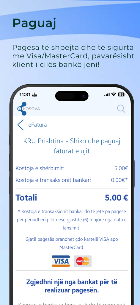 Electronic payment screen in the eKosova app for utility bills