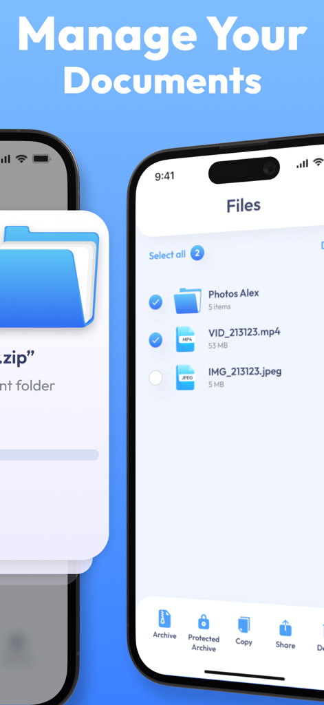 Unzip: Zip File Opener, Unrar - Smartphone screen showing the file manager interface for organizing and archiving documents