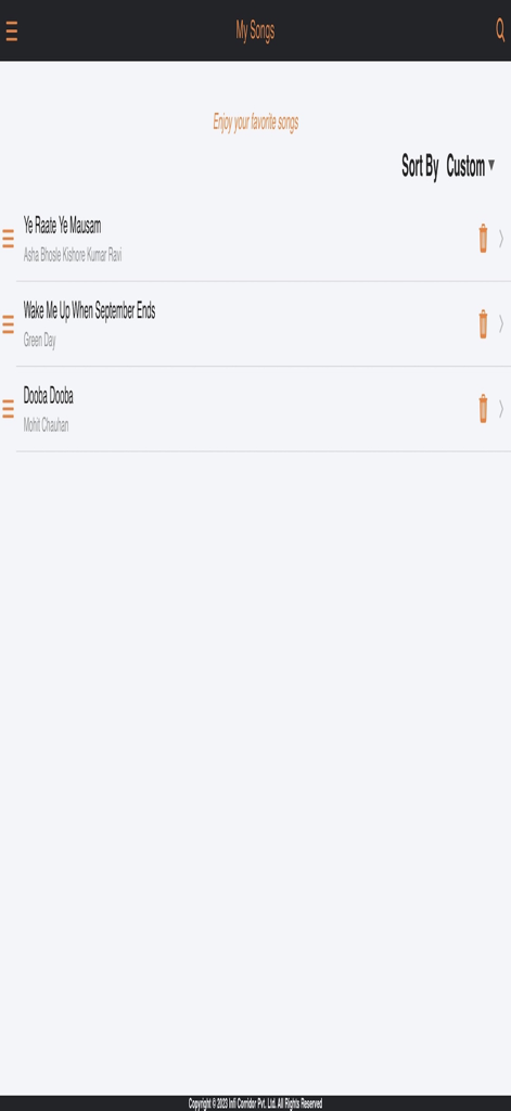 Indichords app interface showing a list of bookmarked Hindi and English songs for quick access to chords