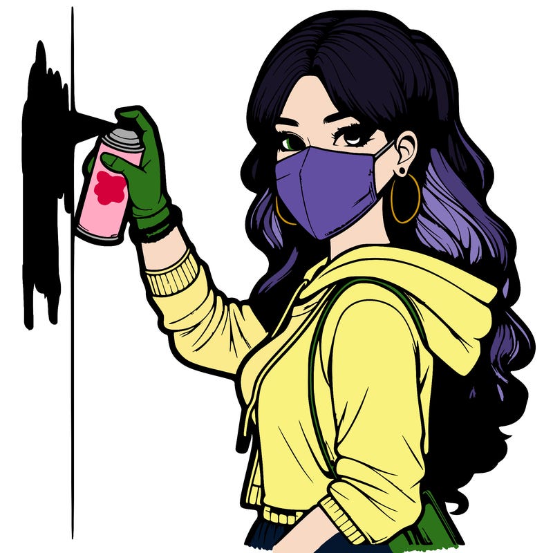 realistic girl with mask spray painting a wall