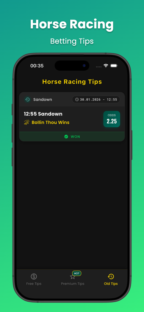 Horse Racing Betting Tips - Interface of the Horse Racing Betting Tips app showing a history of successful winning tips and odds