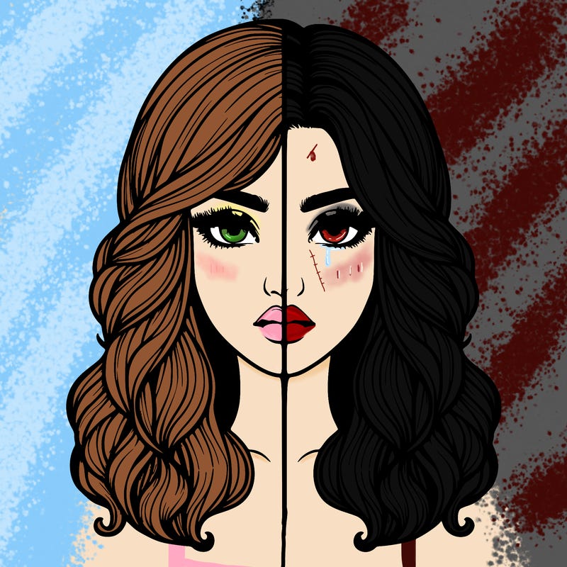 realistic girl split with a line in the middle of her face with beautiful hair