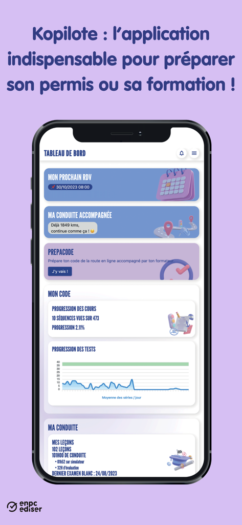 Kopilote - Kopilote app dashboard showing driving lesson schedules and theory test progress.