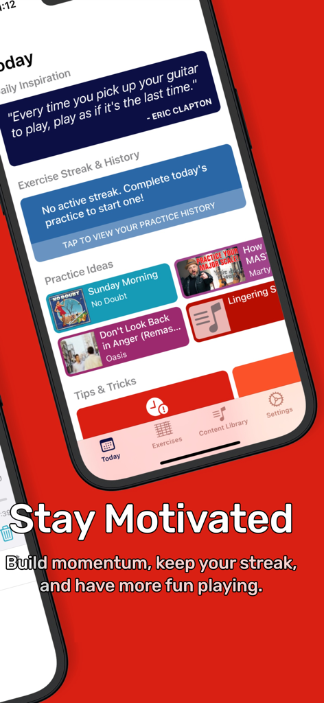 Guitar Scales: GuitarTime - GuitarTime app home screen showing daily practice streaks and song ideas under a Stay Motivated headline