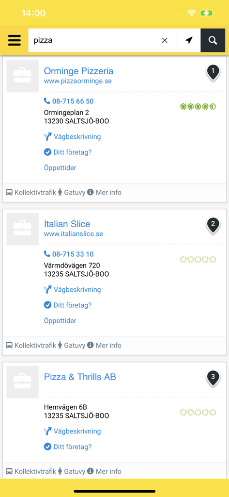 Interface de l'application Eniro montrant les résultats de recherche de restaurants de pizza locaux avec les coordonnées des entreprises