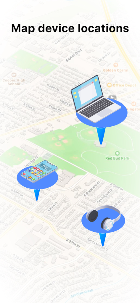 A map display showing the live locations of a laptop, smartphone, and headphones using blue pins.