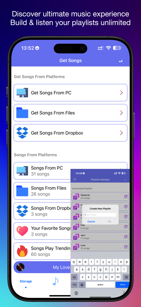 Musix - Music Player Offline - Musix app interface showing options to import songs from PC, Files, and Dropbox with a playlist creation pop up.