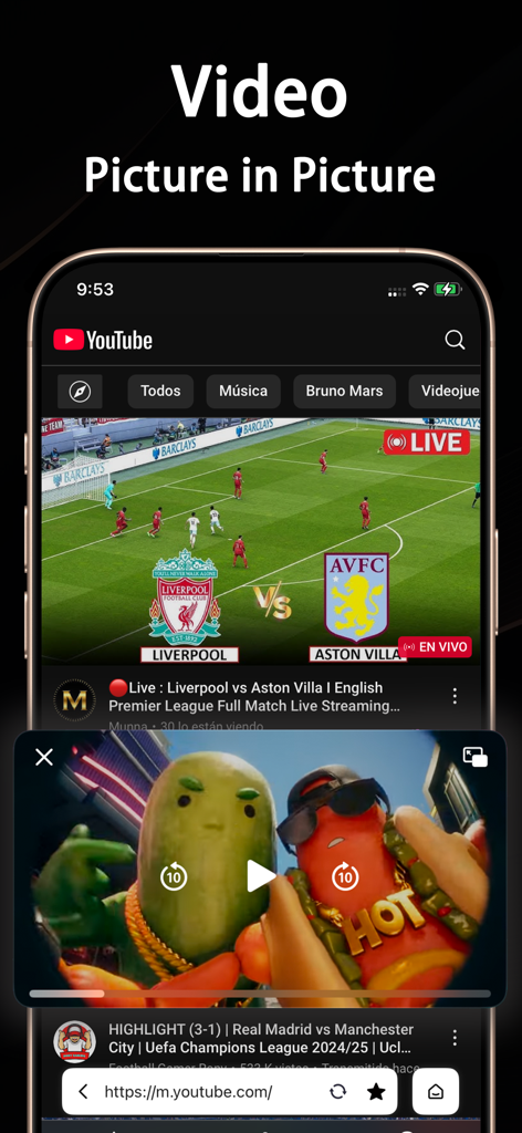 Float Tube：PiP for Video&Music - Float Tube App zeigt ein schwebendes Videofenster über einem mobilen Browser für Multitasking