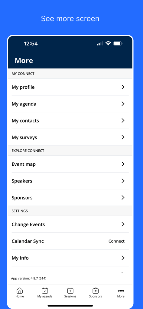 Intuit Connectアプリの「その他」メニュー。設定や、アジェンダ、イベントマップなどのナビゲーションオプションが表示されています。
