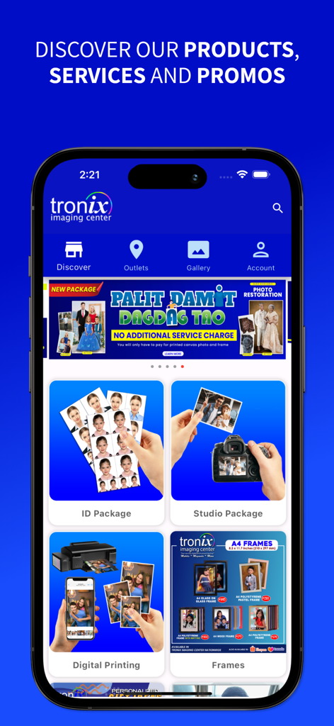 Interfaz de la App Tronix Imaging mostrando varios paquetes de fotografía y servicios de impresión digital