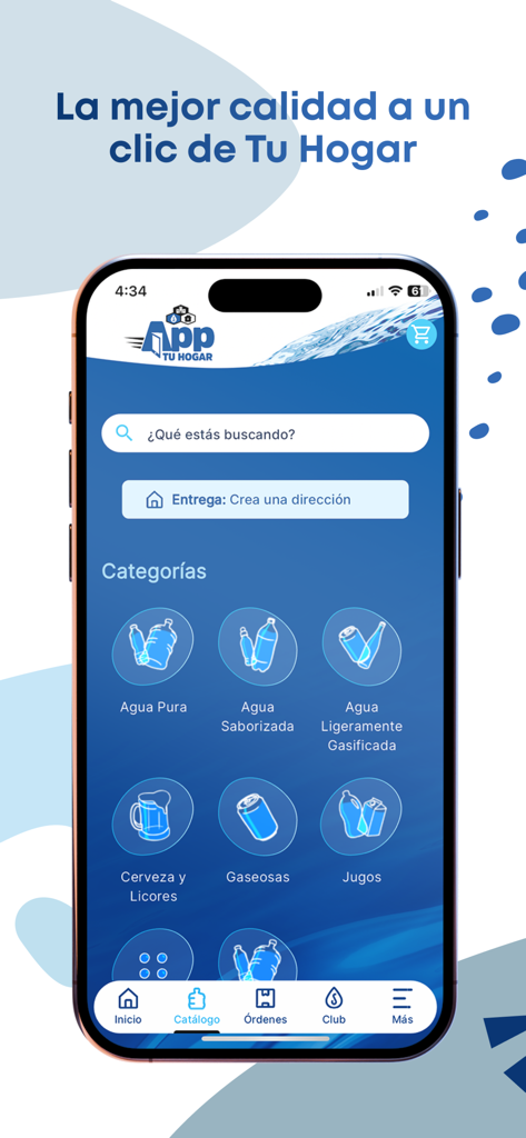 App Tu Hogar: Pide ahora - Interfaz de la aplicación móvil App Tu Hogar que muestra categorías de bebidas para entrega a domicilio en un iPhone
