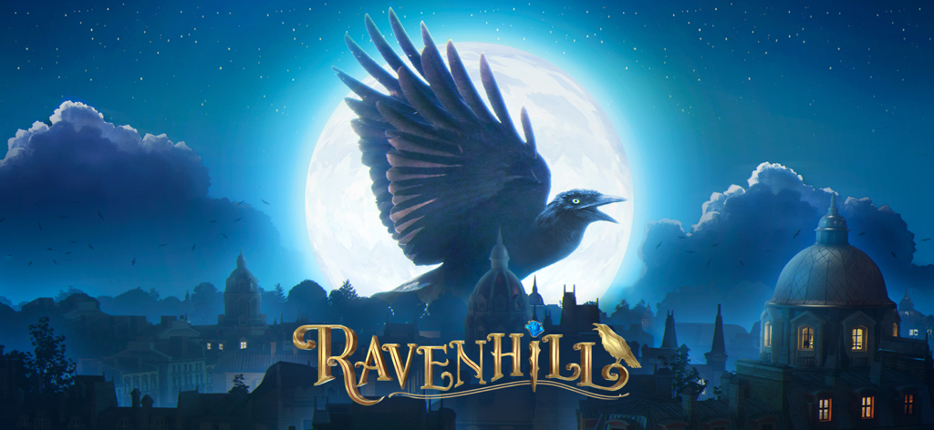 A large raven flying across a full moon over a mysterious city at night.