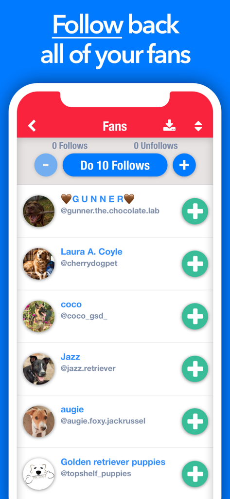 Still Followers - IG Tracker - Interface of the Still Followers app showing a list of Instagram fans with a button to follow them back in bulk.