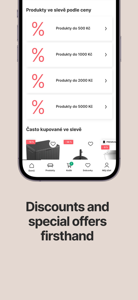 Bonami – Your Unique Home - Bonami mobile app interface showing various home decor products and furniture sorted by discount price categories.
