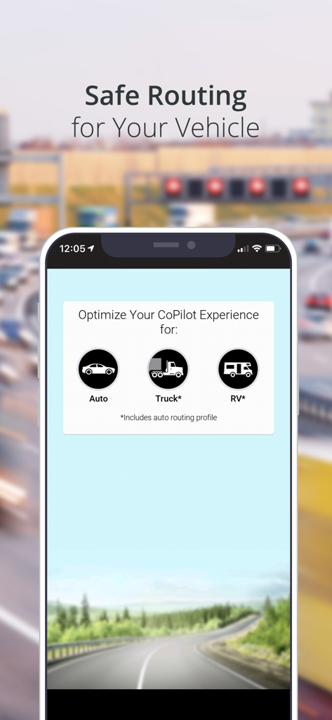 Pantalla de la aplicación CoPilot GPS para seleccionar el tipo de vehículo, incluidos camiones y RVs, para una navegación segura