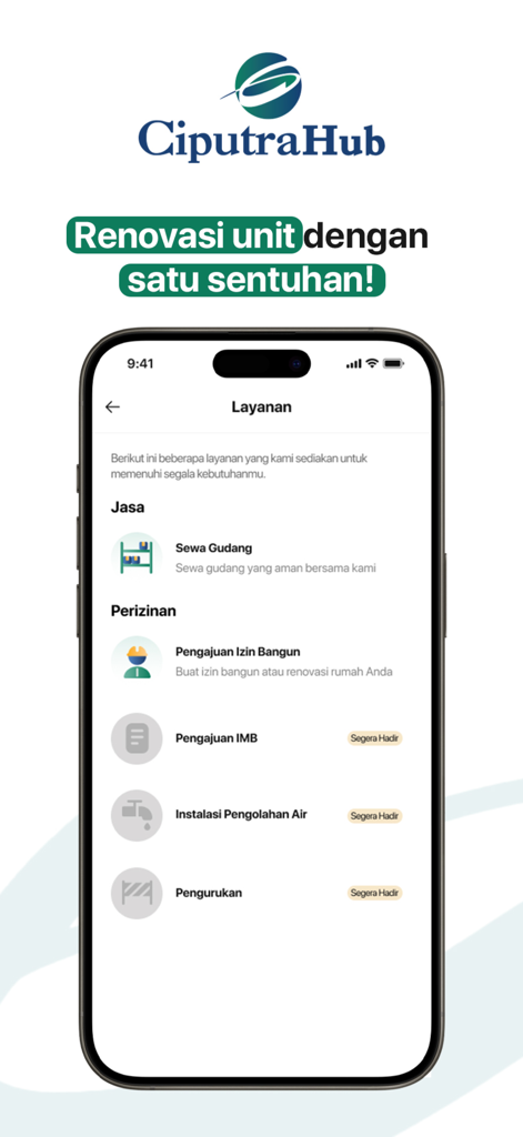 Ciputra Hub - Ciputra Hub app interface showing property maintenance and unit renovation service options